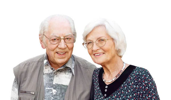 一对快乐的老夫妇对着被白色隔离的相机微笑的画像 — 图库照片