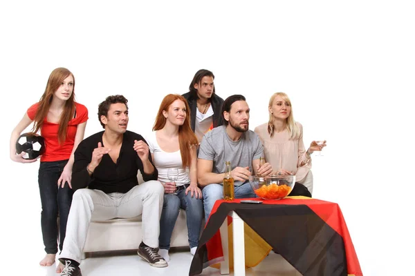 Grupo Amigos Sentados Sofá Comiendo Pizza —  Fotos de Stock