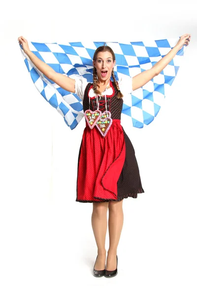 Frau Dirndl Mit Bayerischer Fahne — Stockfoto