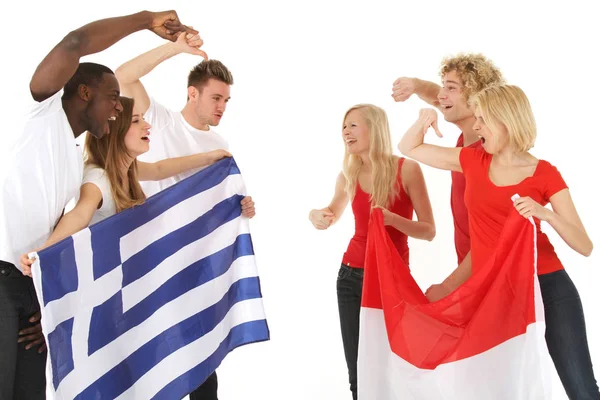 Grupo Pessoas Segurando Uma Grande Bandeira Americana — Fotografia de Stock