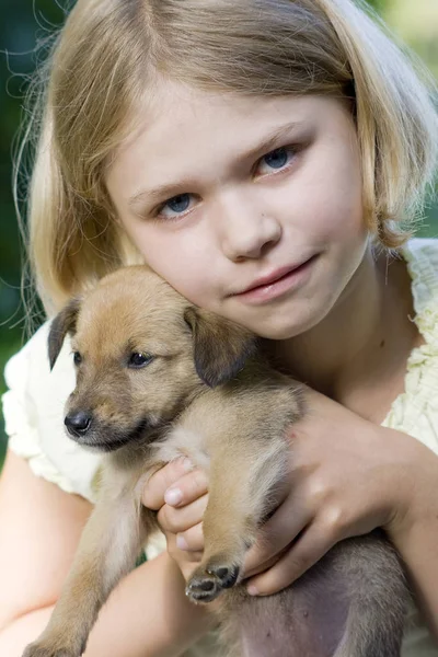 Klein Meisje Haar Jonge Hond — Stockfoto