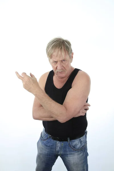 Senior Man Black Shirt Hands Hips Isolated White — Stock Photo, Image