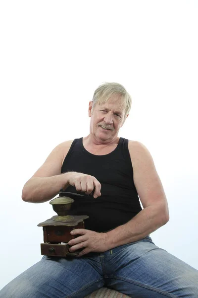 Man Met Een Koffiemolen — Stockfoto