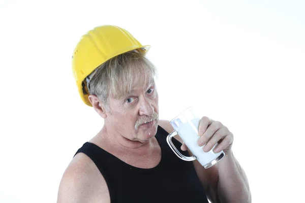 Construction Worker Drinks Glass Milk — Stock Photo, Image