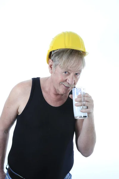 Construction Worker Drinks Glass Milk — Stock Photo, Image