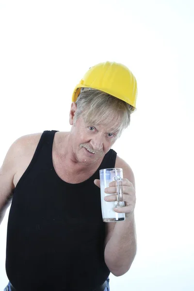 Bouwvakker Drinkt Een Glas Melk — Stockfoto