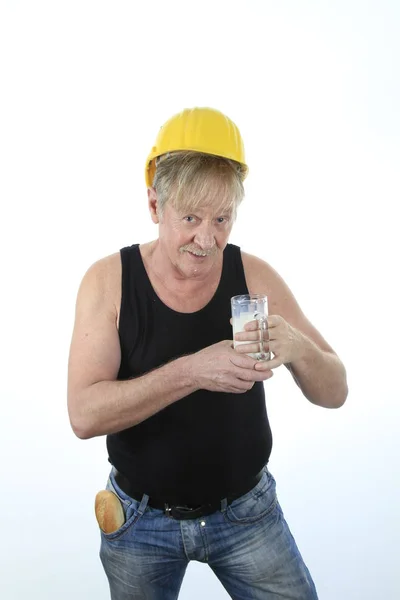 Construction Worker Drinking Glass Milk — Stock Photo, Image