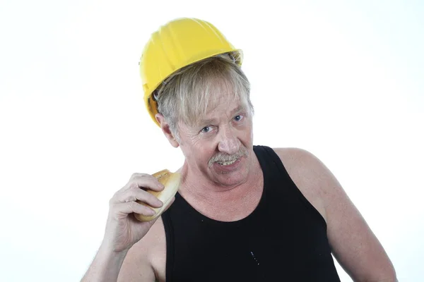 Construction Worker Drinks Glass Milk — Stock Photo, Image