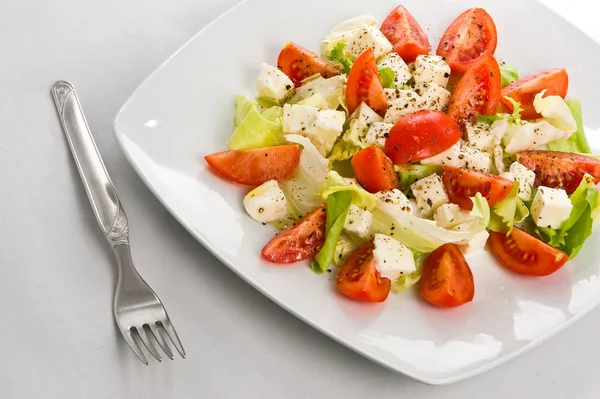 Uma Placa Com Salada Típica Italiana Caprese Com Tomates Cereja — Fotografia de Stock