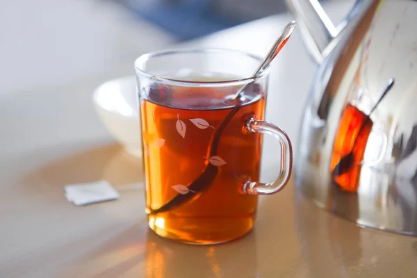 Daily Break Glass Mug Tea Teapot Teabag Table Horizontal Image — Stock Photo, Image