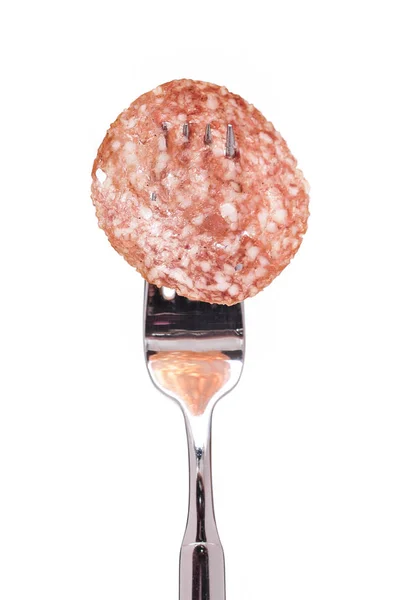 Fork Slice Hungarian Salami — Stock Photo, Image