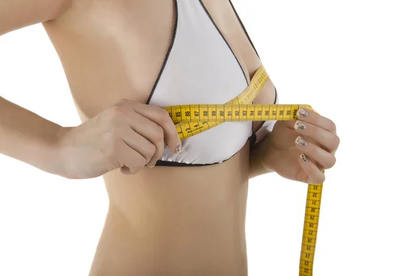 Young Woman Takes Body Size Itself — Stock Photo, Image