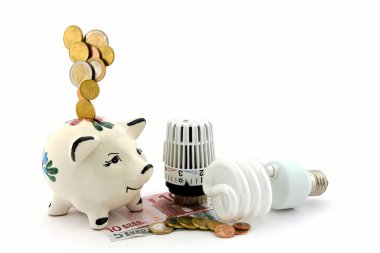 a piggy bank,a boiler thermostat,an energy-saving bulb,bills and coins displayed on a white background. clipart