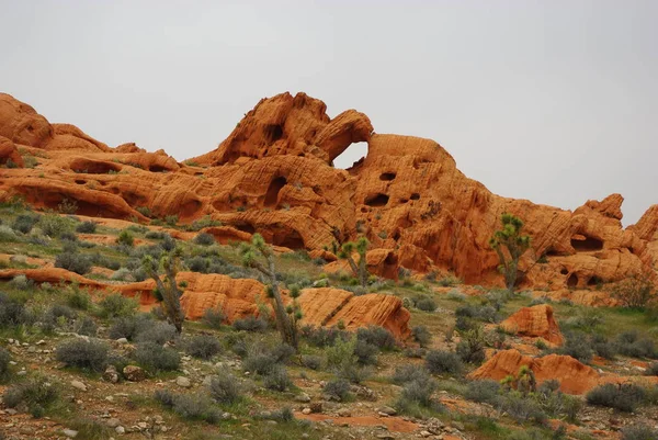 Παράξενος Πορτοκαλί Βράχος Κάτω Από Γκρίζο Ουρανό Nevada — Φωτογραφία Αρχείου