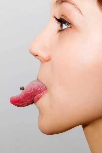 Beautiful Young Woman Red Lips False Eyelashes — Stock Photo, Image