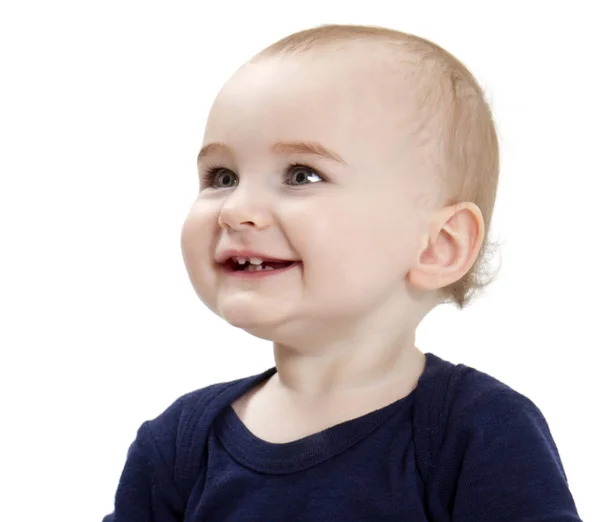 Retrato Niño Riendo Fondo Blanco Con Camisa Azul —  Fotos de Stock