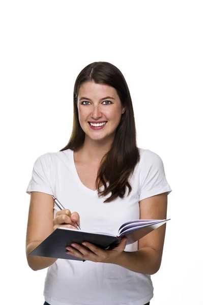 Mujer Joven Que Tiene Cuaderno — Foto de Stock