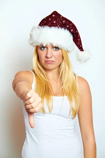 Frustrado Natal Mulher Com Polegar Para Baixo — Fotografia de Stock