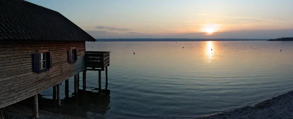 Csónakház Naplementében Ammersee Herrsching — Stock Fotó