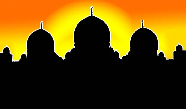 Moskee Silhouet Illustratie Met Stralende Zonnige Zonsondergang Achtergrond — Stockfoto