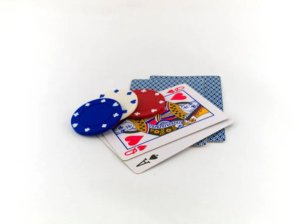 Red White Blue Poker Chips Playing Cards White — Stock Photo, Image