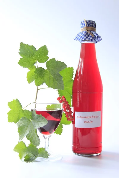 Vin Fruits Fait Groseilles Rouges Avec Bouteille Verre Sur Fond — Photo