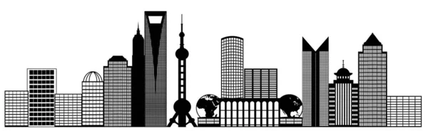 上海中国浦東市のスカイラインのパノラマ黒と白のシルエット クリップ アート イラスト — ストック写真