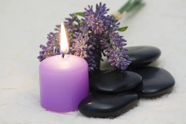 Spa Stones Flowers Candle Wooden Background — Stock Photo, Image