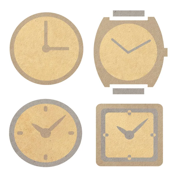 Reloj Contador Tiempo Reciclado Papel Artesanal Palo Sobre Fondo Blanco — Foto de Stock