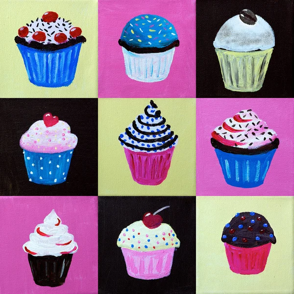 Conjunto Seis Coloridos Cupcakes Acuarelas Cupcakes Con Espolvolas —  Fotos de Stock