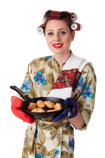 Young Beautiful Woman Cookies Frying Pan White Background Housekeeping — Stock Photo, Image