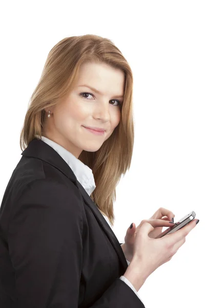 Junge Blonde Frau Business Look Mit Smartphone — Stockfoto