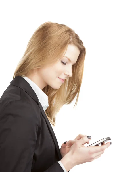 Mujer Rubia Joven Mirada Negocios Con Teléfono Inteligente — Foto de Stock
