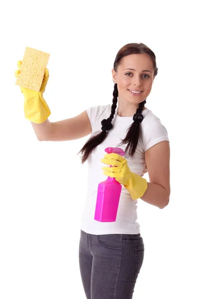 Jovem Com Frasco Spray Esponja Sobre Fundo Branco Serviço Limpeza Imagem De Stock
