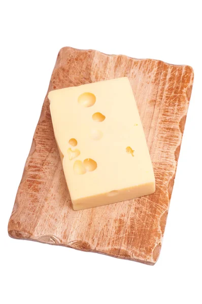 Emmentaler Kaas Met Witte Houten Plaat Geïsoleerd — Stockfoto