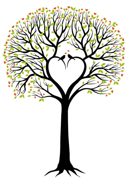 爱情树 有心形的枝条和鸟儿 — 图库照片