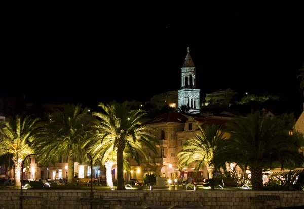 Nachtfotografie Van Het Eiland Hvar Kroatië Prachtig Uitzicht Stad — Stockfoto