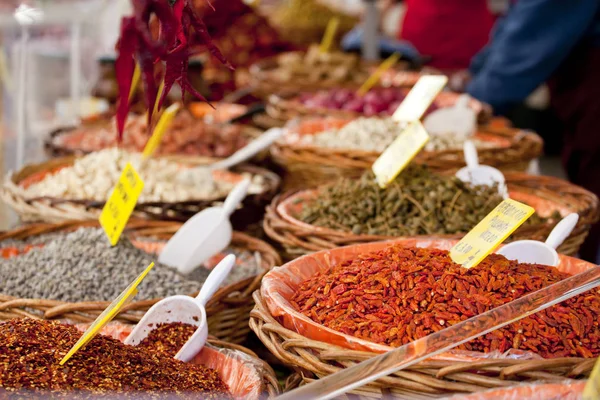 Spices Wooden Basket Street Market — Stock Photo, Image