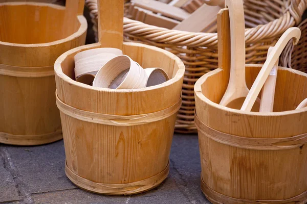 Wooden Ladles Wooden Buckets — Stock Photo, Image