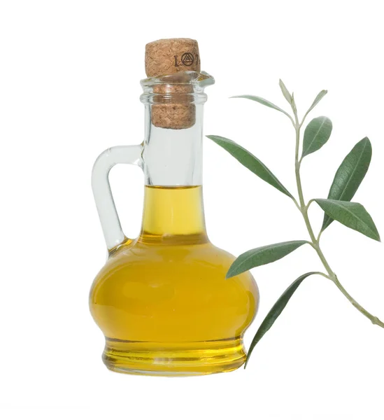Flasche Olivenöl Und Olivenzweig Isoliert Auf Weißem Hintergrund — Stockfoto