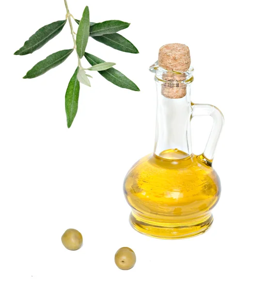 Bottiglia Olio Frutti Oliva Isolata Fondo Bianco — Foto Stock