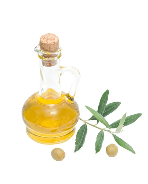 Flasche Olivenöl Und Olivenfrüchte Isoliert Auf Weißem Hintergrund — Stockfoto