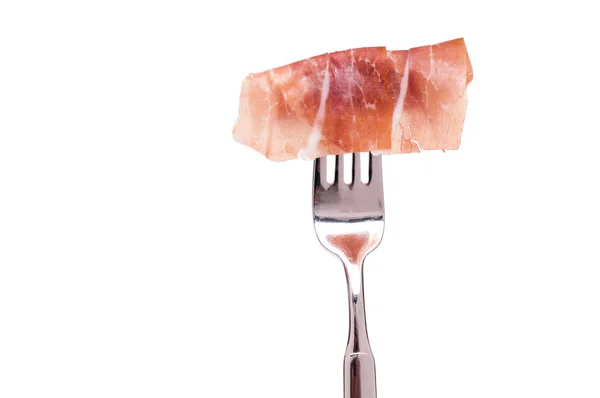 Witte Geïsoleerde Vork Met Een Plakje Parmaham — Stockfoto