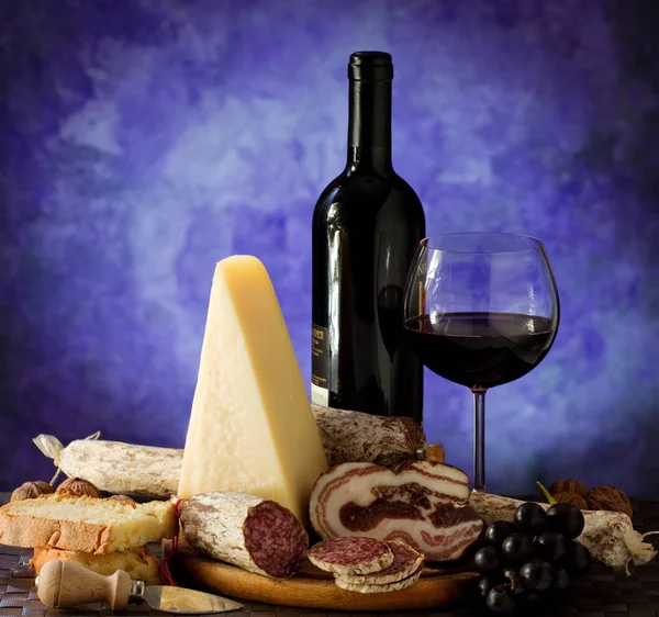 Salumi Armiggiano Cheese Glass Red Wine Purple Background Stock Picture
