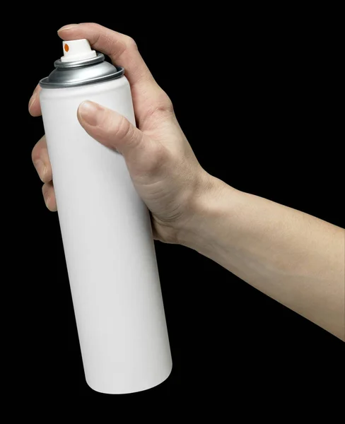 Mano Umana Possesso Aerosol Senza Etichetta Può Studio Girato Nero — Foto Stock