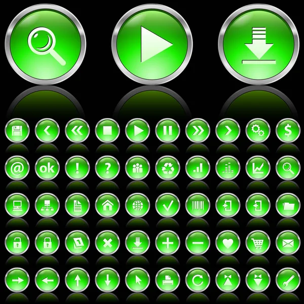 Set Green Glossy Icons Black Background — Stock Photo, Image