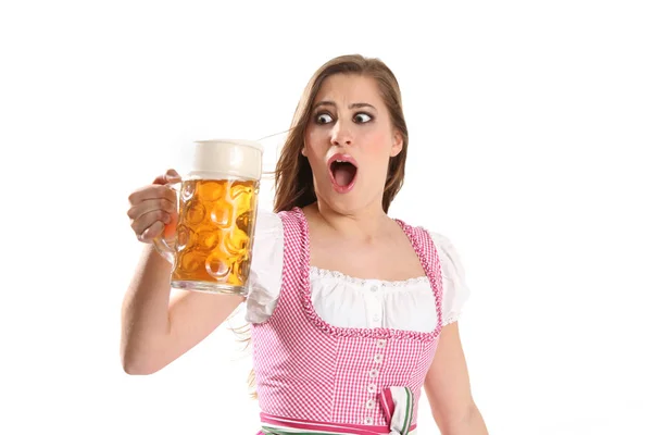 Mujer Con Cerveza Desbordante — Foto de Stock