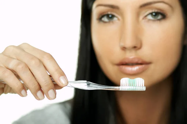 Retrato Hermosa Mujer Morena Haciendo Rutinas Diarias Mañana Serie Maquillaje — Foto de Stock