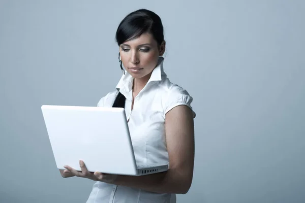Beautiful Sexy Brunette Business Woman Laptop Computer She Isolated Clear Royalty Free Stock Images