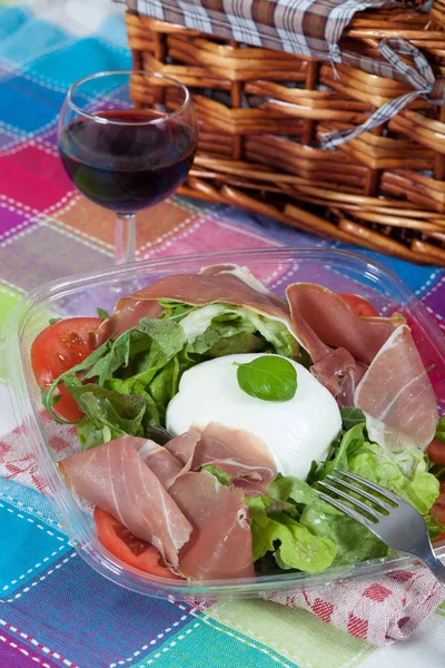 Heerlijke Italiaanse Salade Met Mozzarella Bufala Ham — Stockfoto
